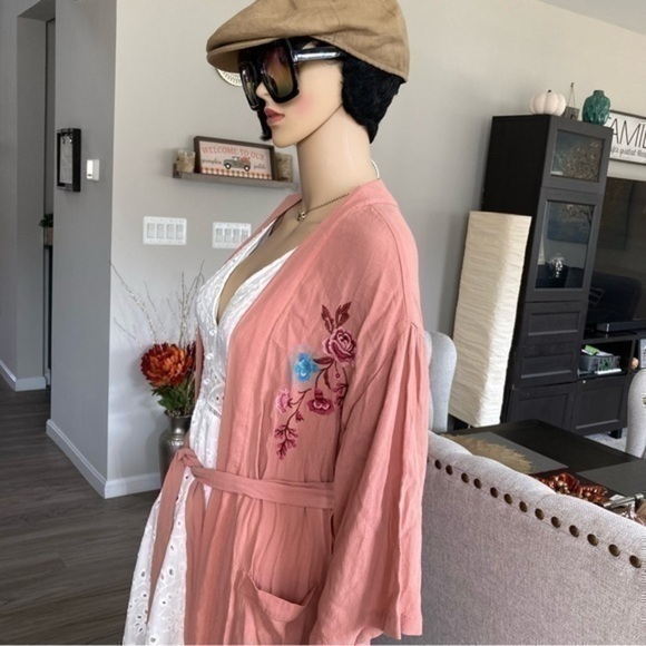💋 Xhilaration coral peach kimono robe 👘 tie long cardigan Embroidered floral - Picture 11 of 11